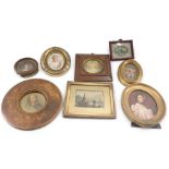 A group of 19thC and later portrait miniatures, comprising marquetry framed print of a gentleman, 20