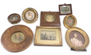 A group of 19thC and later portrait miniatures, comprising marquetry framed print of a gentleman, 20