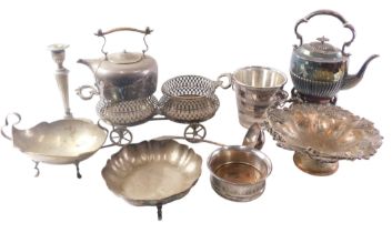 A quantity of silver plate, to include spirit kettle, two handled stand, etc.