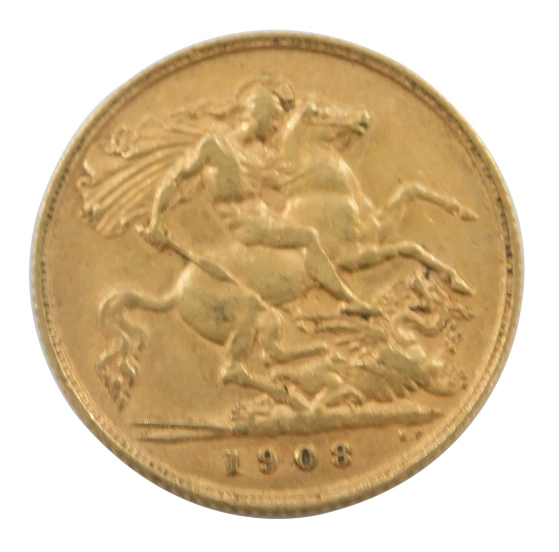 An Edward VII half gold sovereign, dated 1908.