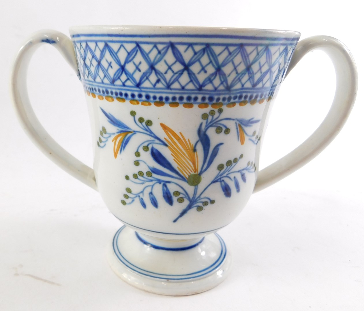 An early 19thC pearlware loving cup, named William Shaw and dated 1805, 13cm high. (AF) - Image 2 of 3