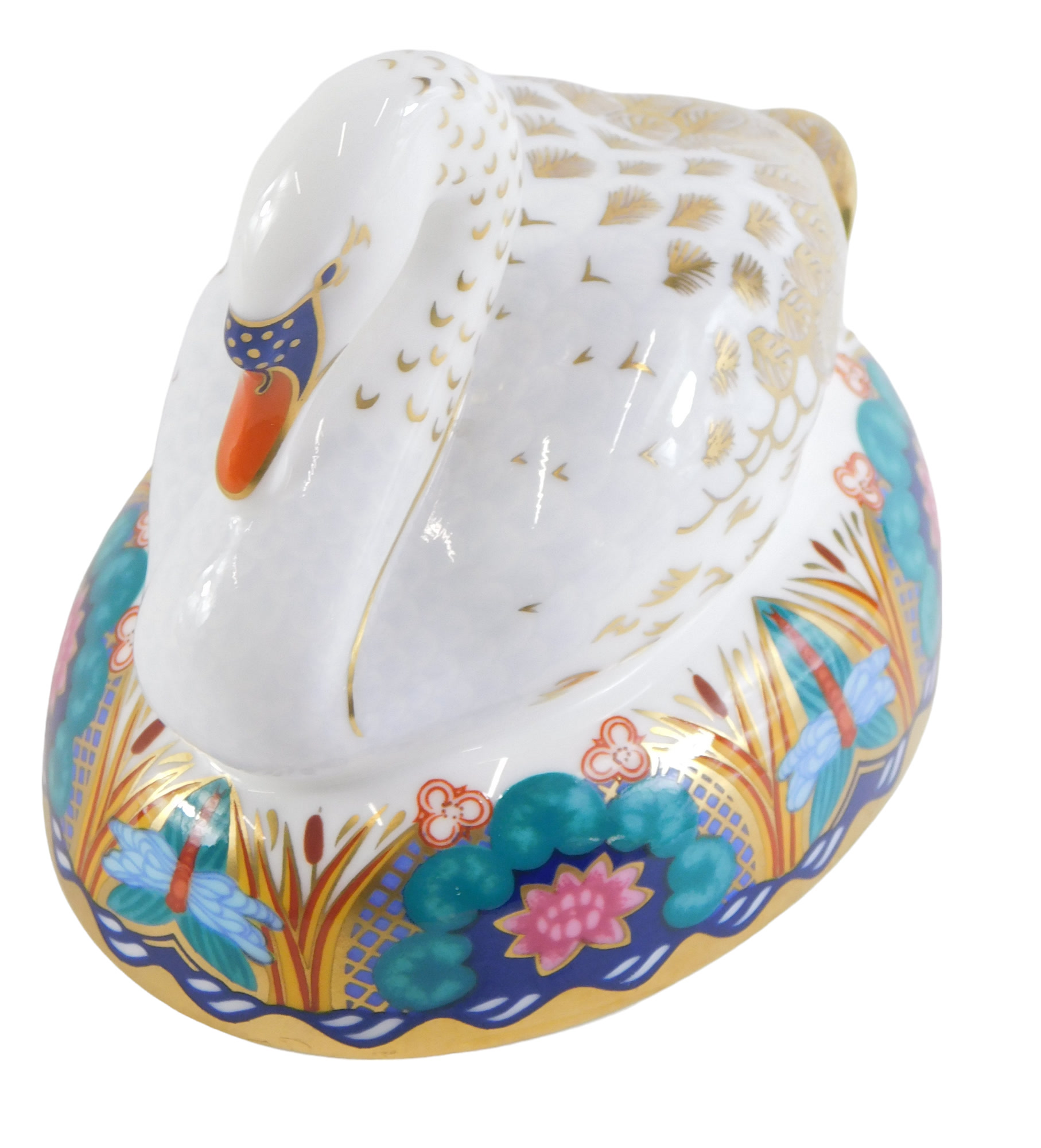 A Royal Crown Derby swan paperweight, on oval foot with dragonflies and flowers, with silver stopper