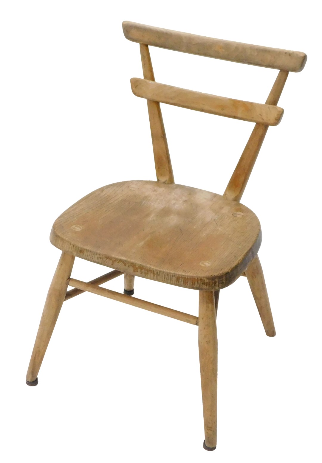 A mid 20thC ash and elm Ercol child's chair, with a tapering back, solid seat, on turned legs, lacki