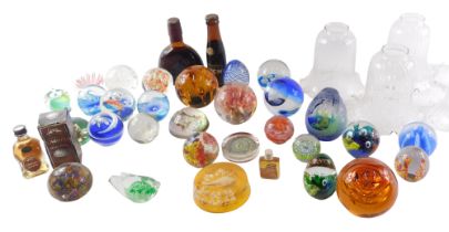 Various glass paperweights, small bottle of Pony British sherry, other paperweights, etc. (2 trays)