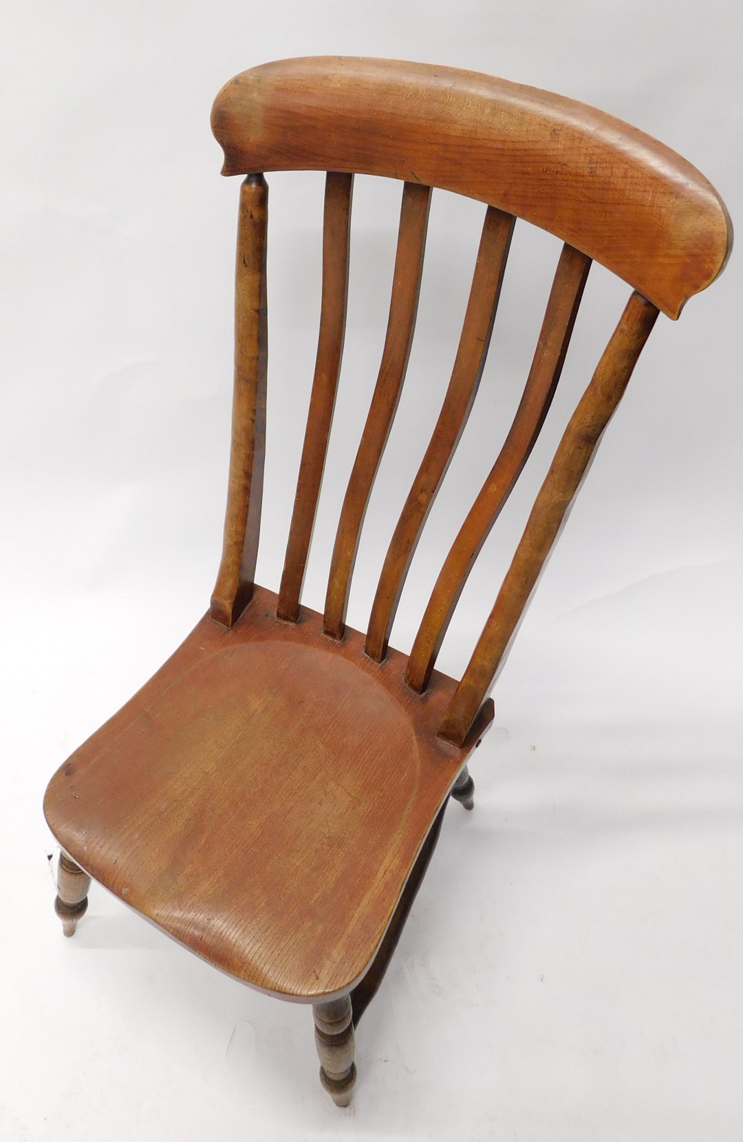 A 19thC beech lath back side chair, with a solid seat, on turned legs with H stretcher. - Image 2 of 3