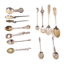 A collection of various silver and white metal souvenir spoons, and others, 4.75oz all in.