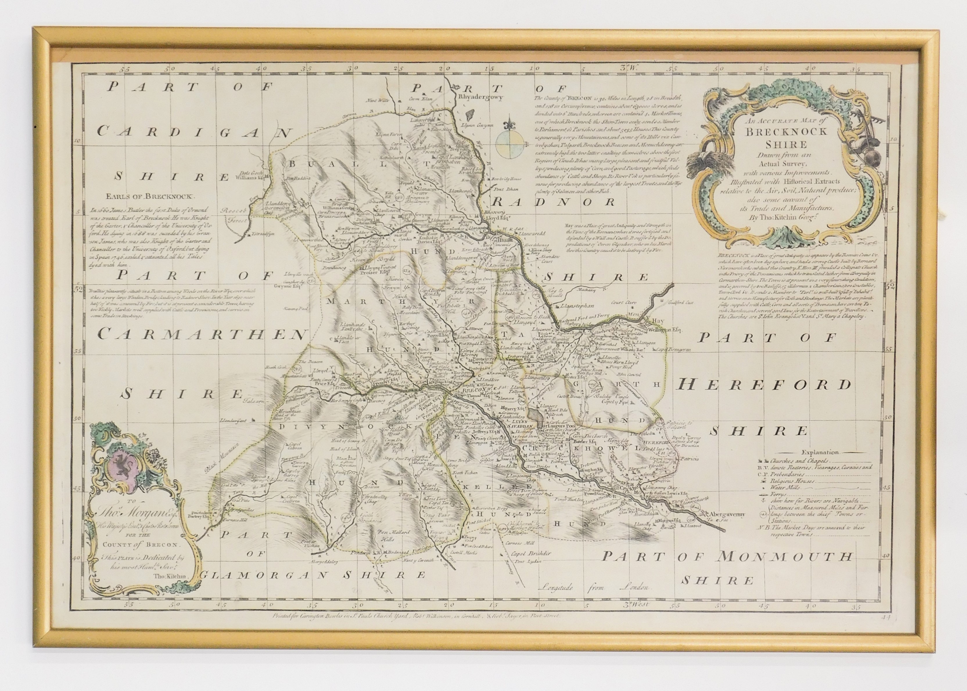 An 18thC county map of Brecknockshire, by Thomas Kitchin, with coloured emblems, 37cm x 55cm, framed - Image 2 of 4