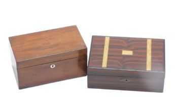 A 19thC mahogany tea caddy, of plain form with two lidded divisions, 22cm wide, and a scumbled writi