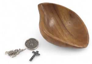 A turned wooden bowl, Jim Beam Booker Noe, medallion, Status Quo badge, etc., the bowl 20cm diameter