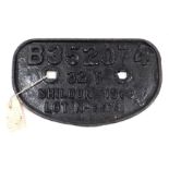 A cast iron railway wagon plaque, numbered B352074 32T Shildon 1966, 28cm wide.