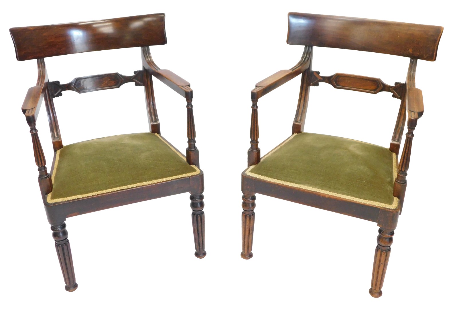 A pair of 19thC mahogany armchairs, each with a bar back, shaped arm supports, and a padded seat wit