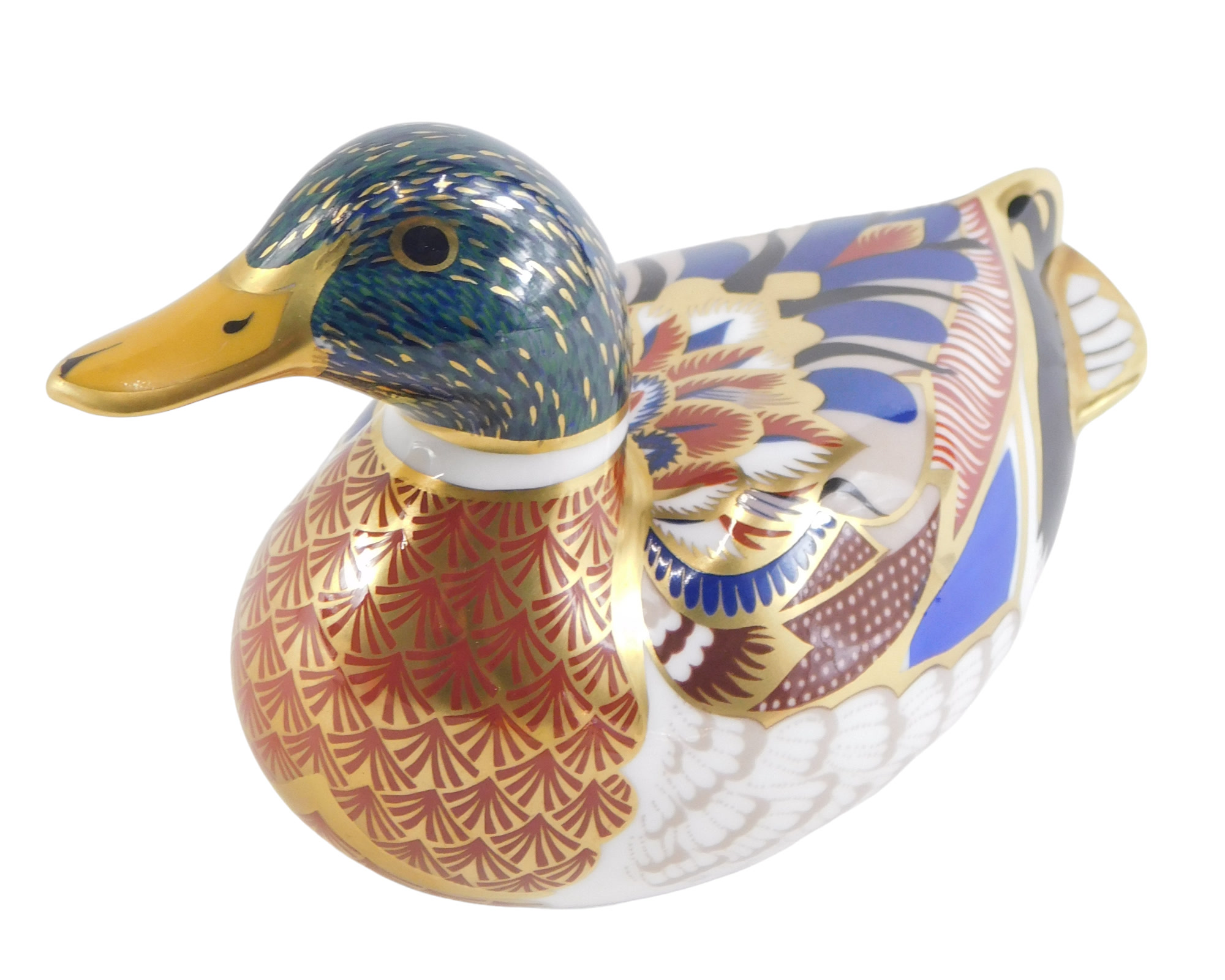 A Royal Crown Derby mallard paperweight, with silver stopper, 12cm wide.