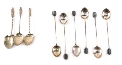 A set of Walker & Hall silver bean handled coffee spoons, and three apostle silver coffee spoons, wi