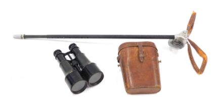 A pair of ebonised brass and leather field binoculars, unmarked, in leather case, and a Middlemores