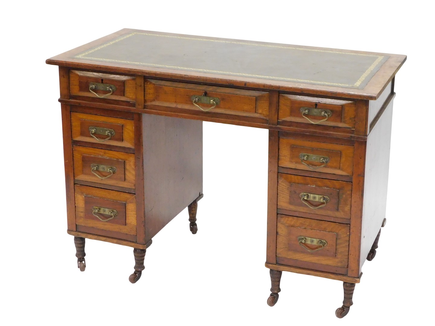 A Victorian ash and mahogany pedestal desk, the rectangular top inset with green leatherette, above