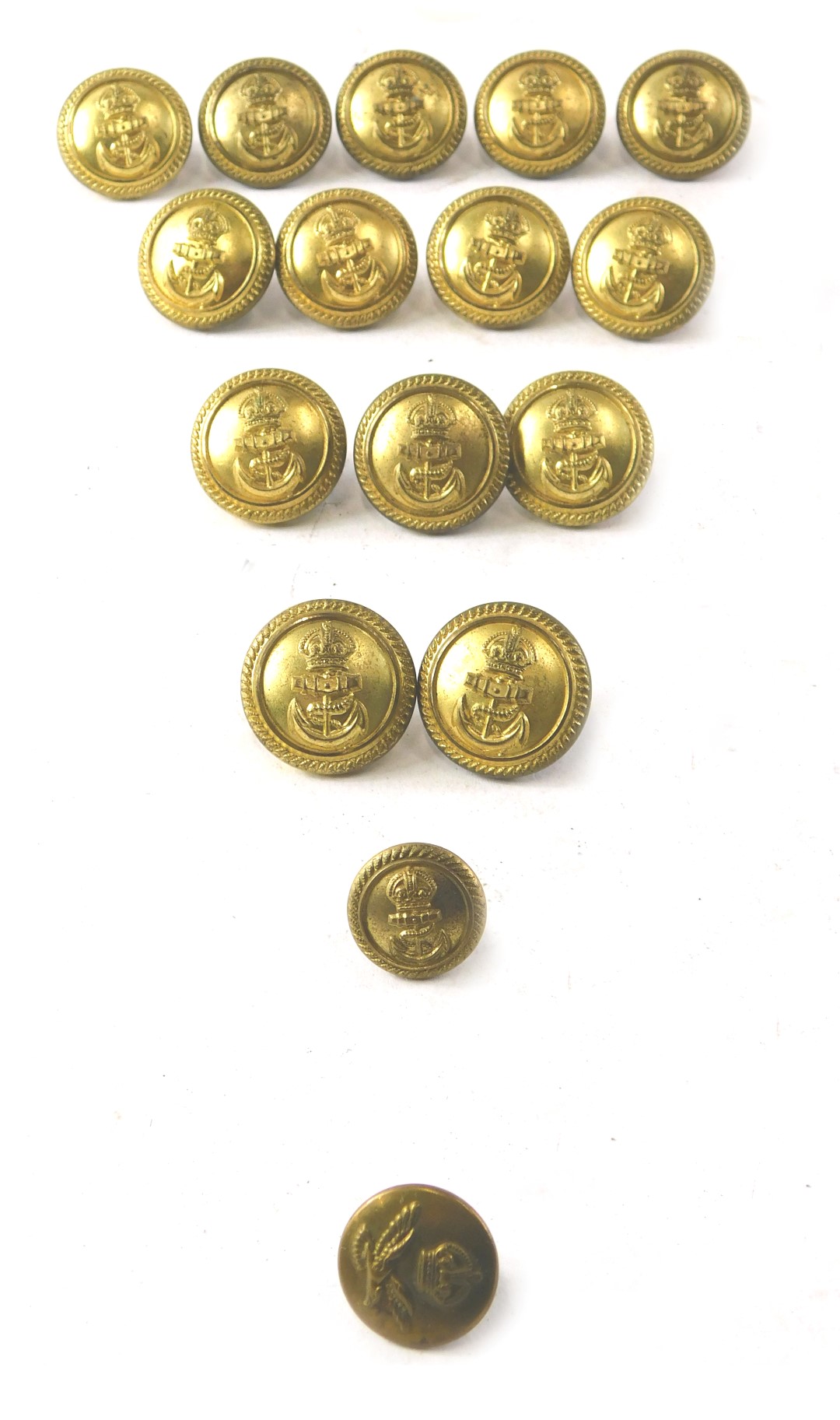 A collection of Royal Navy brass buttons, by J R Gaunt & Sons Ltd (14) a smaller version and an RAF