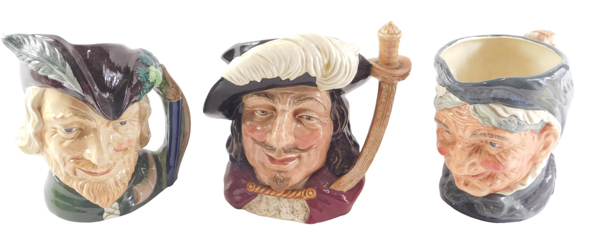 Three large Royal Doulton character jugs, Porthos, Robin Hood and Granny.