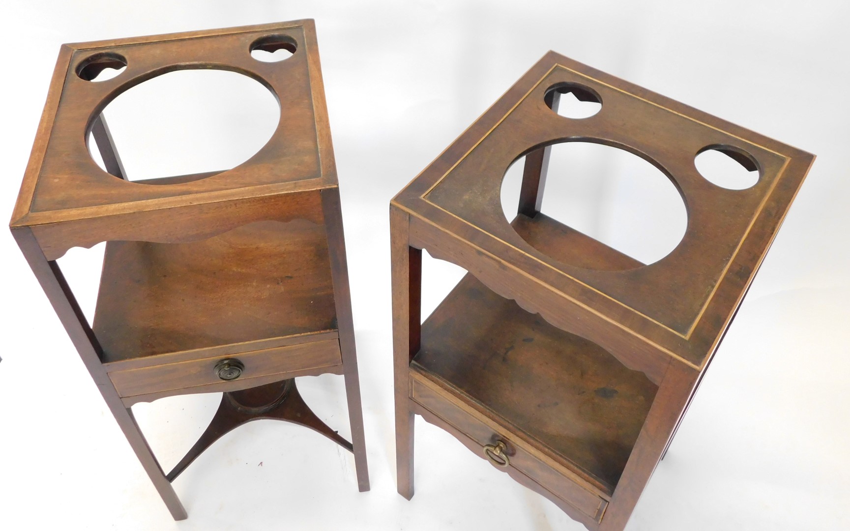 Two similar 19thC mahogany washstands, each square top with three recesses, on plain supports, with - Image 2 of 2