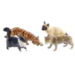 Four ceramic animal ornaments, comprising a Coopercraft Siamese cat, a tiger stamped Foreign, a USSR