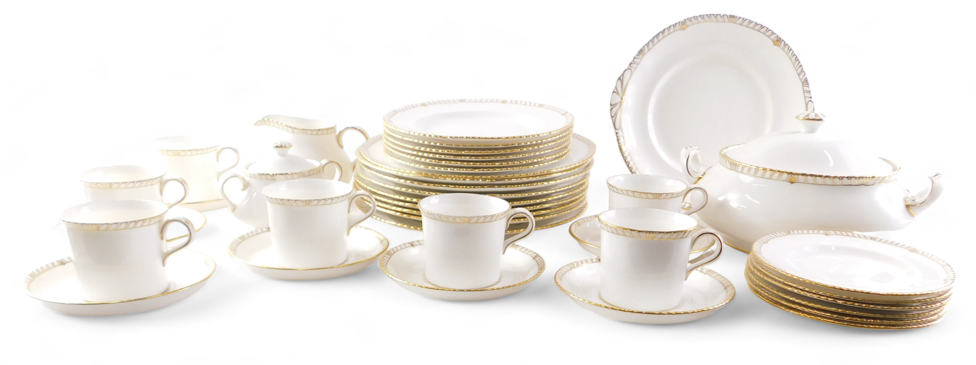 A Royal Crown Derby Prince Consort pattern part dinner and tea service, in plain white with gilt bor