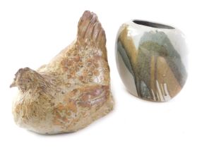 A Cynthia Lea studio pottery chicken, 27cm long, and a studio pottery vase, unmarked. (2)