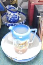A Tamsware semi porcelain wash jug and bowl, together with a Willow pattern wash jug and bowl.