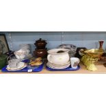 General household effects, Johnson Brother's part dinner wares, chamber pot, oak cased mantel clock,