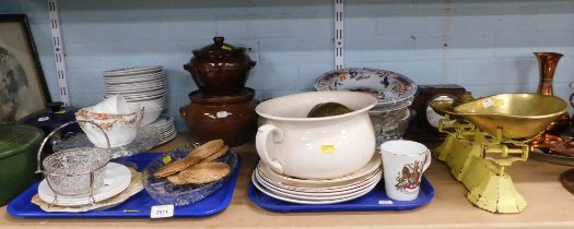 General household effects, Johnson Brother's part dinner wares, chamber pot, oak cased mantel clock,