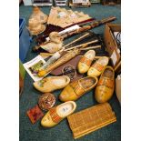 Decorative wooden clogs, together with large fan, didgeridoo, etc.