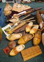 Decorative wooden clogs, together with large fan, didgeridoo, etc.