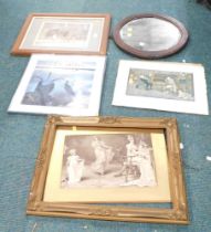 Various pictures, prints, etc., to include a photographic print depicting figures in cart before sho