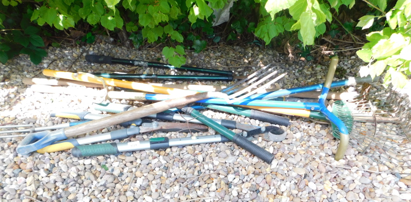 Various garden tools, to include forks, rakes, etc.