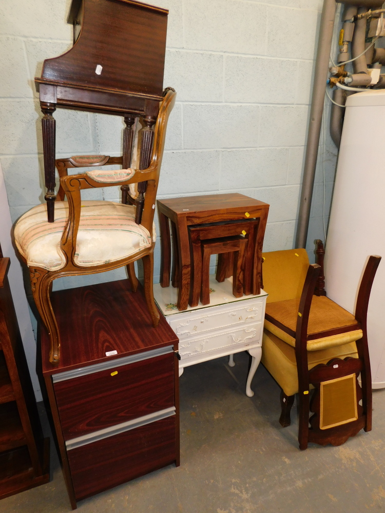 A mahogany finish two drawer filing drawers, side chair, bedside, nest of tables, French style bedsi