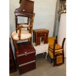A mahogany finish two drawer filing drawers, side chair, bedside, nest of tables, French style bedsi
