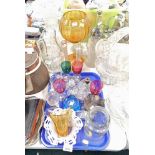 Various glassware, to include cranberry glass drinking glasses, custard cups, jugs, vases, amber tin
