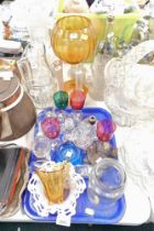 Various glassware, to include cranberry glass drinking glasses, custard cups, jugs, vases, amber tin