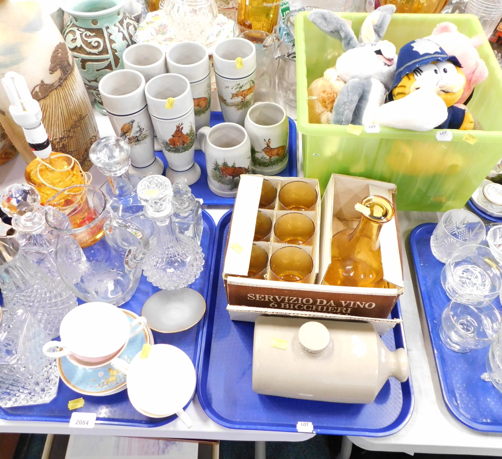 Various glass decanters, together with cashmere by Maxwell and Williams, teacups and saucers, variou