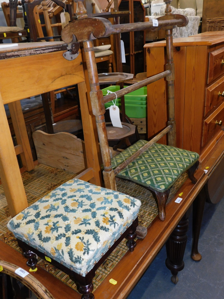 A pine towel rail, and two Victorian footstools. (3)