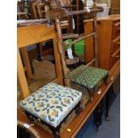 A pine towel rail, and two Victorian footstools. (3)