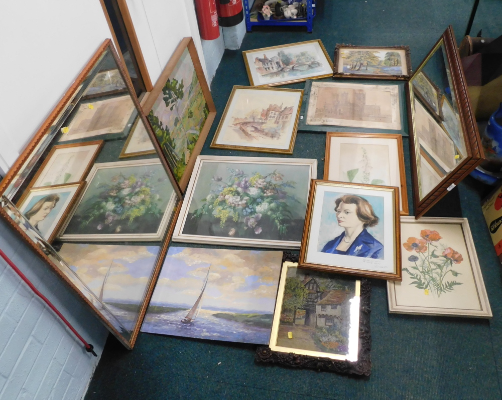 Various pictures, prints, mirrors, etc., to include FR Sharland, woodland scene with blue bells, wat