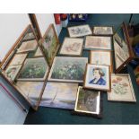 Various pictures, prints, mirrors, etc., to include FR Sharland, woodland scene with blue bells, wat