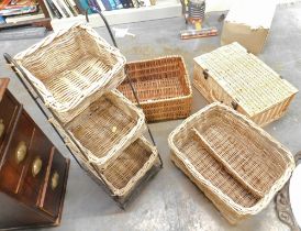 Three wicker baskets, one with lid, and a three drawer side unit. (4)