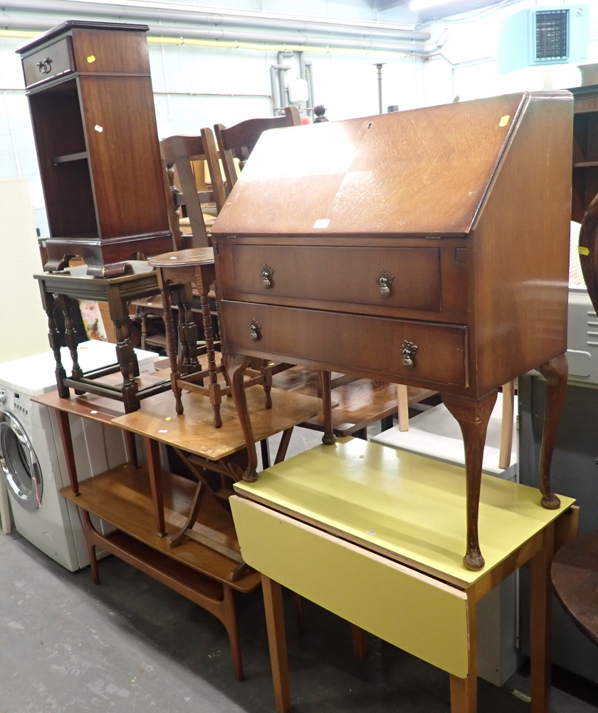 A group of assorted furniture, comprising melamine topped drop leaf table, bureau, side table, walnu