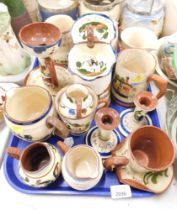 A group of Torquay ware, to include candlesticks, two sectional dish, jugs, beaker, etc. (1 tray)
