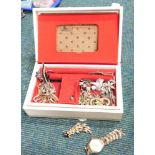 A jewellery box containing costume jewellery, stone set rings, brooches, a Miyoko wristwatch, etc. (