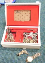 A jewellery box containing costume jewellery, stone set rings, brooches, a Miyoko wristwatch, etc. (