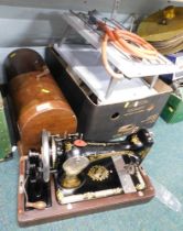 A cased Singer sewing machine, together with various wall lights, electric drill bit sharpener, etc.