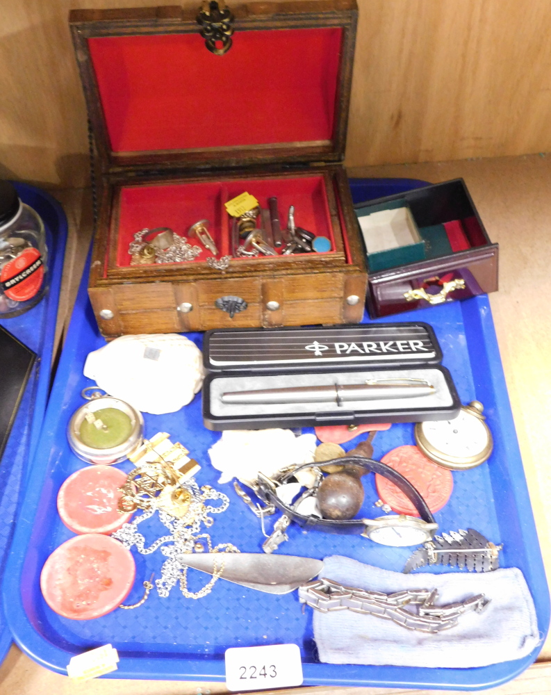 Costume jewellery, to include chains, Parker fountain pen, Ingersoll pocket watch, oak jewellery cas