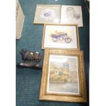 A small group of prints, comprising nursery rhyme, Venetian scene, motorbike rider, and a cast doors