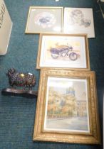 A small group of prints, comprising nursery rhyme, Venetian scene, motorbike rider, and a cast doors